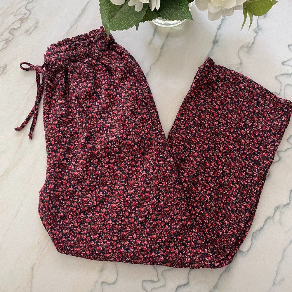 American Eagle | Blue & Pink Floral Print Wide Leg Flowy Drawstring Pants | M